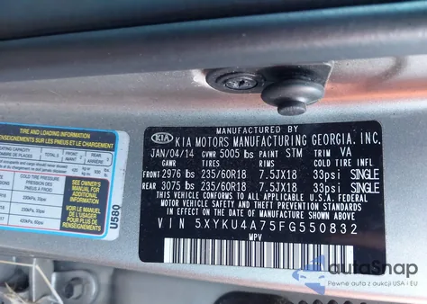 2015 Kia Sorento Ex V6 z USA, uszkodzony, nr VIN 5XYKU4A75FG550832